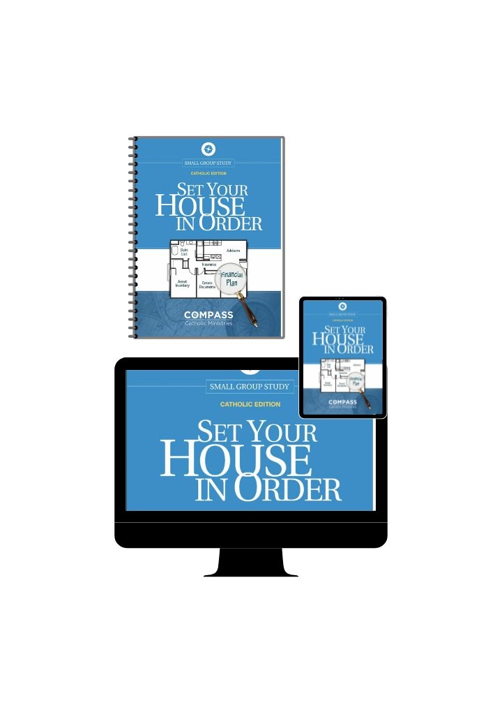 Product Description: If something were to happen to you, the most important gift you can give your family is organized and up-to-date information. Unfortunately, most of us don’t even know where to start.Set Your House In Orderis a five-week Bible study that can be done individually, online, in a small group, or facilitated in a parish. The purpose ofSet Your House in Orderis to help you create, update, and organize all your important information (health care surrogate, power of attorney, password list, advisors, assets, debts, will, insurance, and more).</br></br>Inclusions in the Study Set for Individuals offering:</br></br>Online Workbookaccessfor 1 participant</br></br>Printed Workbook (1 copy)</br></br>Access to Money Management Tools</br></br>Access to various Financial Calculators</br></br>Note:</br></br>All prices displayed in the online store are in USD (US dollars).</br></br>Only available for shipping to US addresses (and includes free delivery) - any orders for this product from locations outside the US will unfortunately be cancelled due to shipping constraints.</br></br>*To subsequently register for the classes visit the Join a Study Group page.</br></br>If preferredyou can make your purchase during the course sign-up process for your chosen course date instead of buying through the online store. Please allow sufficient time for processing /shipping of your order so you can undertake the week one homework before the course start date.</br></br>If you have a group you would like to conduct the study with on a different date please Contact Us.</br></br>We sincerely regret the price increase and the need for customers to cover their own shipping costs; however, this change is necessary due to rising printing and shipping expenses.</br> Set Your House In Order - Study Set (US)