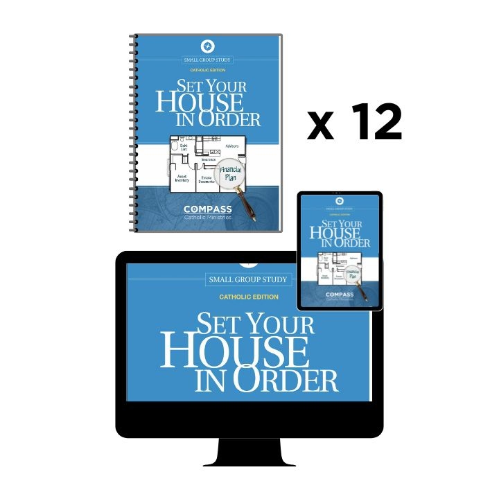 Product Description: If something were to happen to you, the most important gift you can give your family is organized and up-to-date information. Unfortunately, most of us don’t even know where to start.Set Your House In Orderis a five-week Bible study that can be done individually, online, in a small group, or facilitated in a parish. The purpose ofSet Your House in Orderis to help you create, update, and organize all your important information (health care surrogate, power of attorney, password list, advisors, assets, debts, will, insurance, and more).</br></br>Inclusions in the Parish Pack offering:</br></br>Online Workbook accessfor 12 participants (individual log-in provided for each participant)</br></br>12 Workbooks (1 copy for each participant)</br></br>Access to Money Management Tools</br></br>Access to various Financial Calculators</br></br>Parish Facilitation Guide</br></br>Note:</br></br>All prices displayed in the online store are in USD (US dollars).</br></br>Only available for shipping to US addresses- any orders for this product from locations outside the US will unfortunately be cancelled due to shipping constraints.</br></br>We sincerely regret the price increase and the need for customers to cover their own shipping costs; however, this change is necessary due to rising printing and shipping expenses.</br> Set Your House In Order - Parish Pack (US)