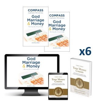 Product Description: God, Marriage & Money is a study specifically designed for couples who are engaged to be married, or to level-set your approach to finances for existing married couples. Most couples spend more time discussing the flavor of their wedding cake than talking about their finances! Yet finances are something they’ll deal with every day of their married lives. Likewise, once married it can be easy to lose sight of what is important and for finances to become a strain on your relationship.</br></br>This study has everything needed to have an open and honest discussion about finances. It is also a great resource to complement existing diocesan or parish marriage preparation programs.</br></br>Inclusions in the Parish Pack offering for 6Couples:</br></br>Online Workbook accessfor 6couples</br></br>Online Video access for 6couples</br></br>Workbooks for 6couples (1 for each participant)</br></br>Your Money Counts Books for 6couples (1 for each couple)</br></br>Access to Money Management Tools</br></br>Access to various Financial Calculators</br></br>Note:</br></br>All prices displayed in the online store are in USD (US dollars).</br></br>Only available for shipping to US addresses - any orders for this product from locations outside the US will unfortunately be cancelled due to shipping constraints.</br></br>We sincerely regret the price increase and the need for customers to cover their own shipping costs; however, this change is necessary due to rising printing and shipping expenses.</br> God, Marriage & Money - Parish Pack (US)
