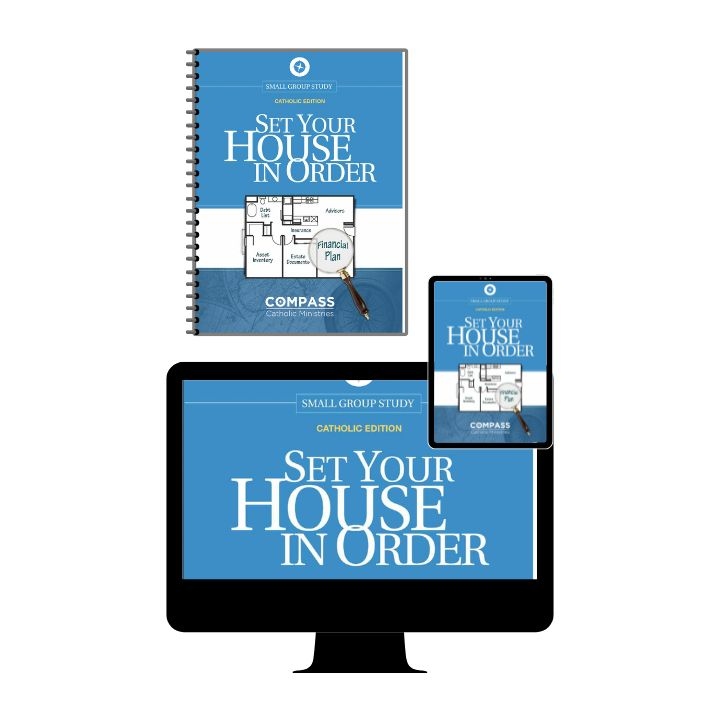 Product Description: If something were to happen to you, the most important gift you can give your family is organized and up-to-date information. Unfortunately, most of us don’t even know where to start. Set Your House In Order is a five-week Bible study that can be done individually, online, in a small group, or facilitated in a parish. The purpose of Set Your House in Order is to help you create, update, and organize all your important information (health care surrogate, power of attorney, password list, advisors, assets, debts, will, insurance, and more).</br></br>Inclusions in the Study Set for Couples offering:</br></br>Registration fee for 1 couple (2 participants) in the 5-week Bible Study conducted online using Zoom* (various dates available for study groups ongoing)</br></br>Online Workbookshared access</br></br>2x Printed Workbooks (1 for each participant)</br></br>Access to Money Management Tools</br></br>Access to various Financial Calculators</br></br>Note:</br></br>All prices displayed in the online store are in USD (US dollars).</br></br>Only available for shipping to US addresses (and includes free delivery) - any orders for this product from locations outside the US will, unfortunately, be cancelled due to shipping constraints.</br></br>*To subsequently register for the classes visit the Join a Study Group page.</br></br>If preferredyou can make your purchase during the course sign-up process for your chosen course date instead of buying through the online store. Please allow sufficient time for processing /shipping of your order so you can undertake the week one homework before the course start date.</br></br>If you have a group you would like to conduct the study with on a different date please Contact Us.</br> Set Your House In Order - Couples Study